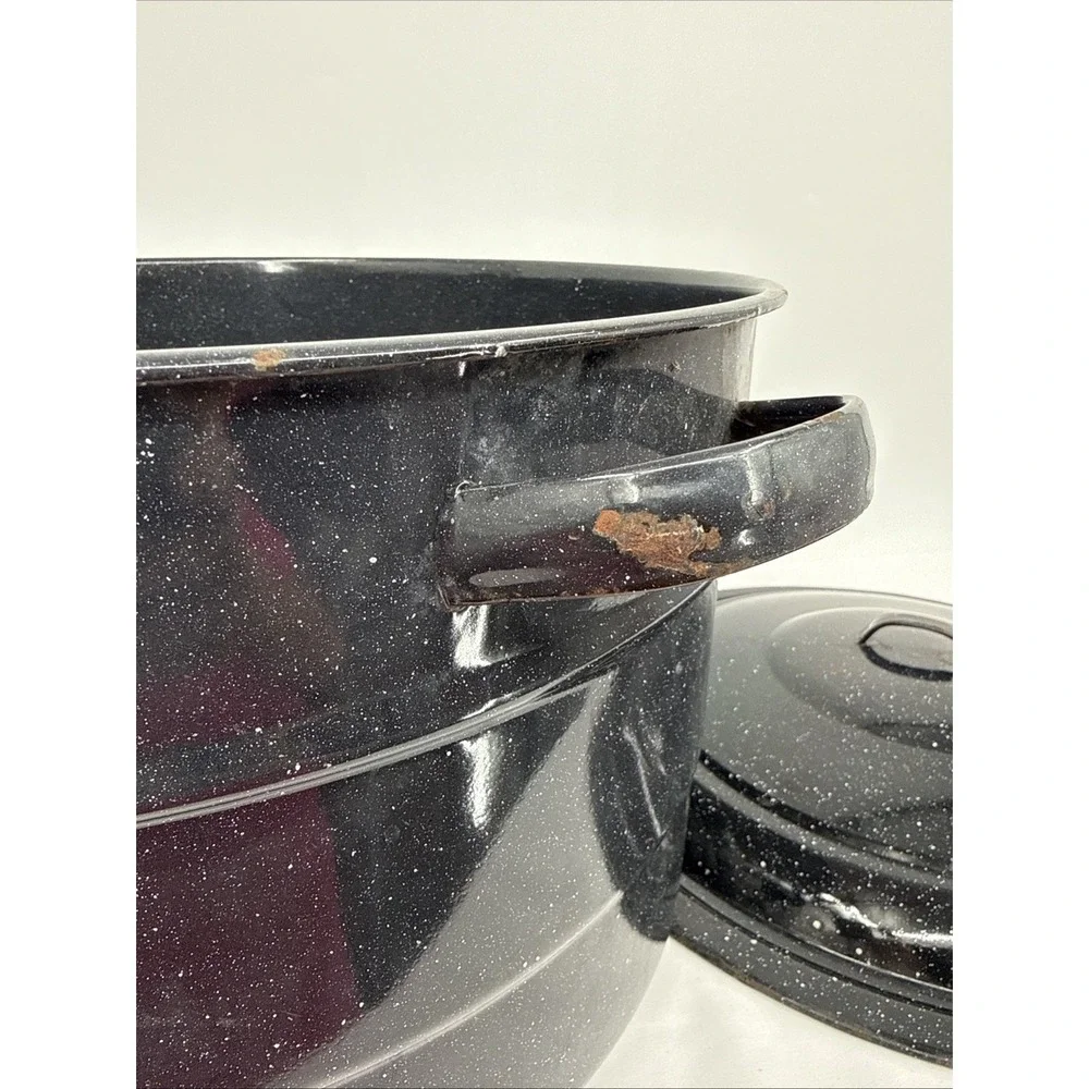 Speckled Black Enamel Graniteware Stock Pot With Lid Steamer 21 Qt  XLG Vintage